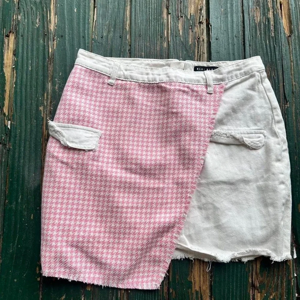 Blue Blush pink and white denim mini skirt‎